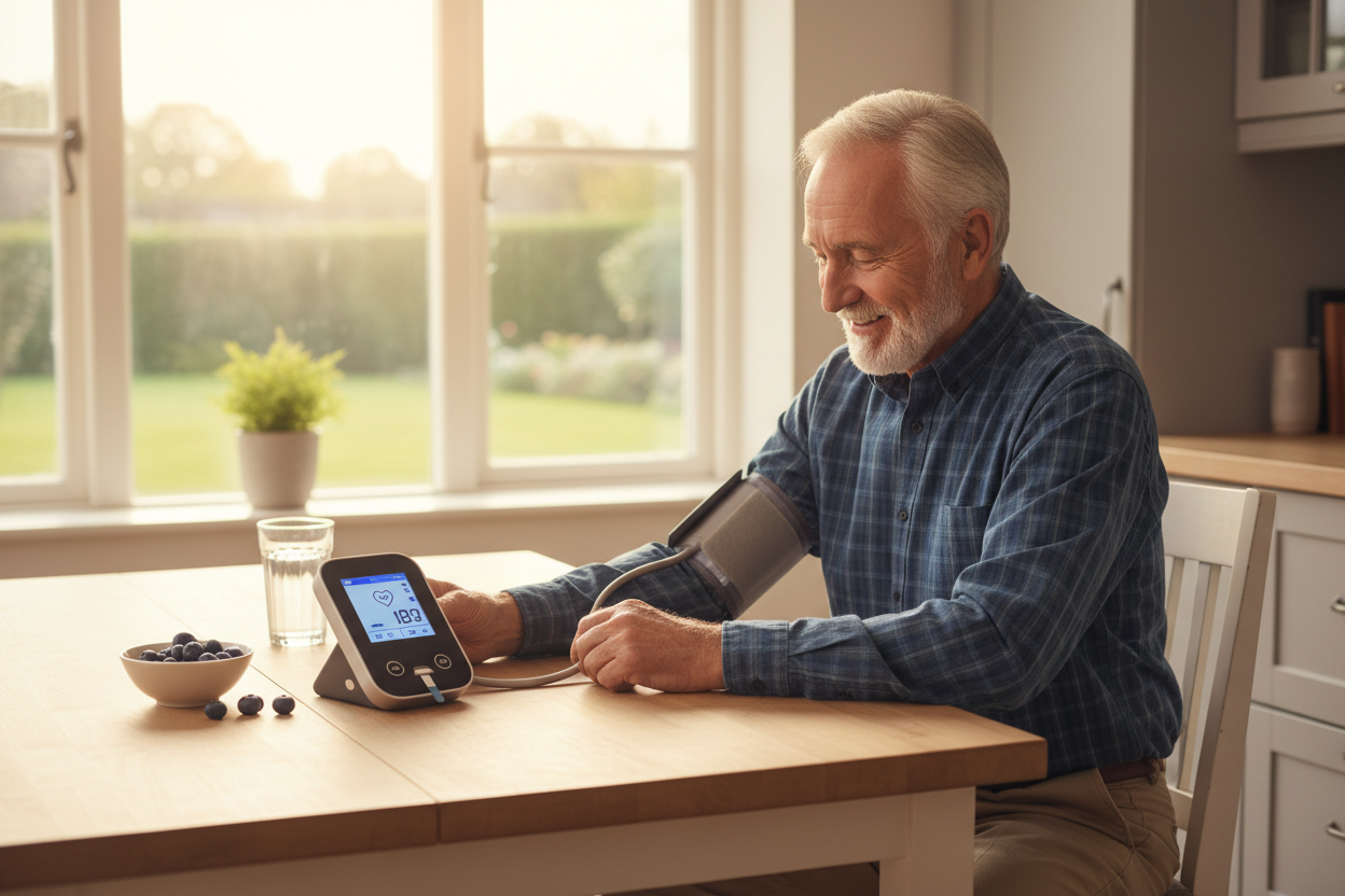 A happy senior man sitting at a kitchen table, using a digital health monitoring device for blood pressure and glucose, morning sunlight, calm and reassuring mood, lifestyle photography style.
